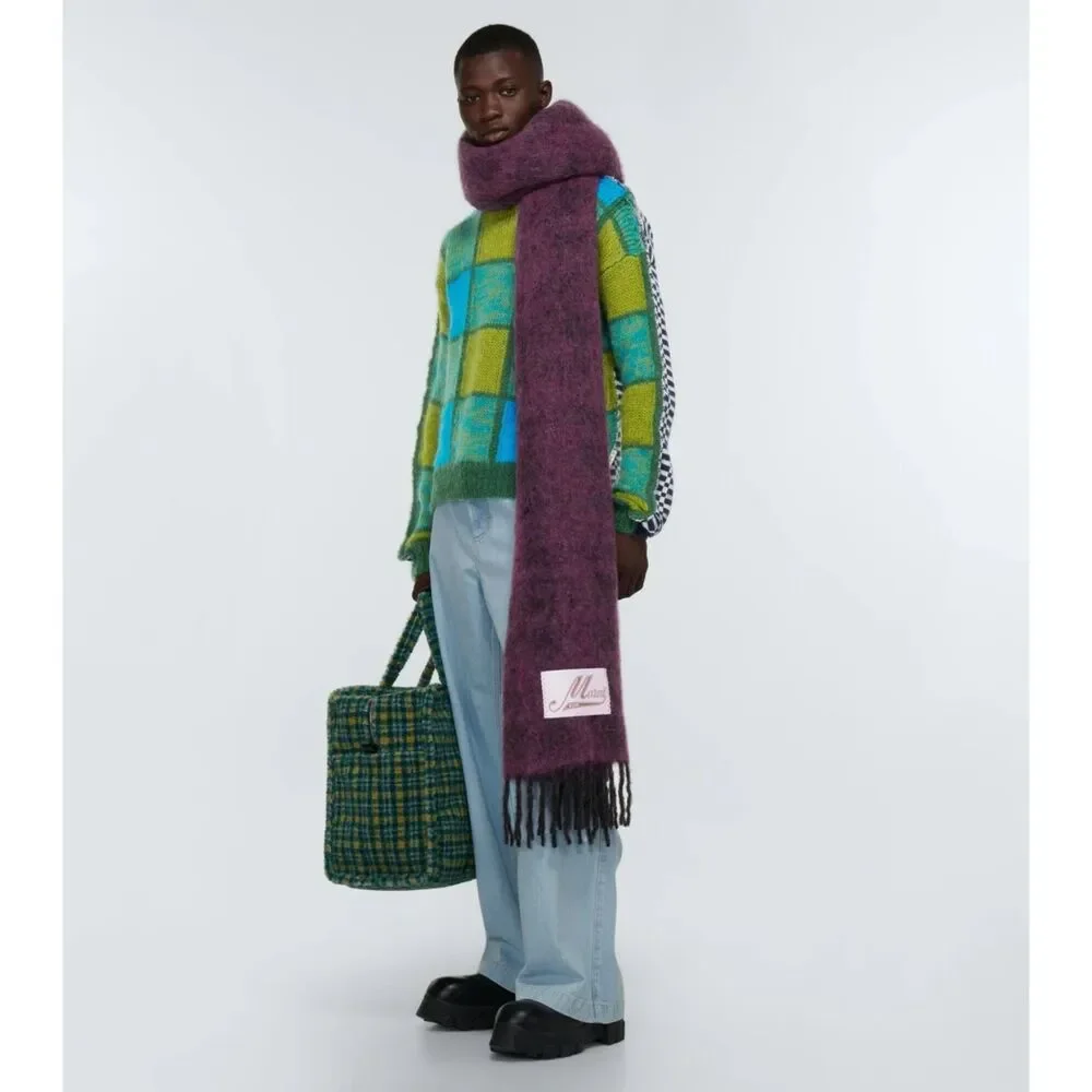 MARNI Brushed Wool Mohair Oversized Check Scarf Purple Black Fringe ITALY 100x30